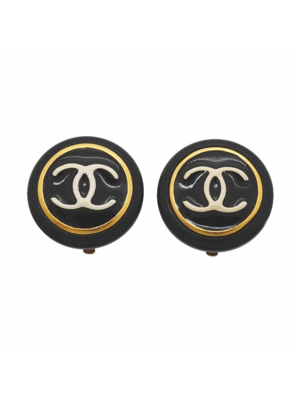 Chanel Earrings Vintage CC Logo Round Circle Gold Plated White Black